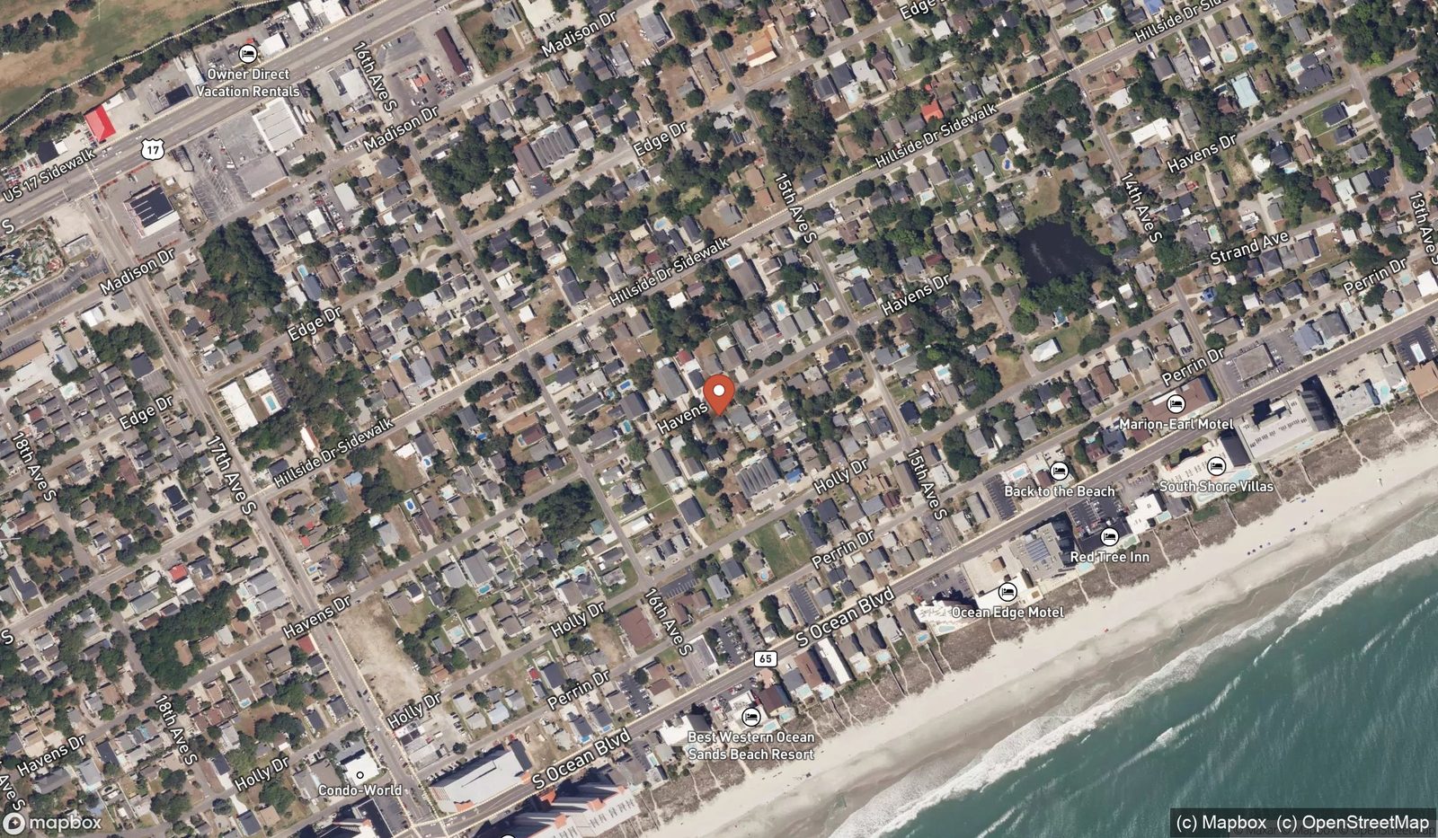 Aerial map of the neighborhood with the cottage marked on Havens Drive, the beach and the Atlantic a few blocks to the east